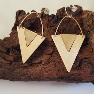 Modern Natural Wood And Gold Triangle Drop Earrings Geometric Boho Dangle